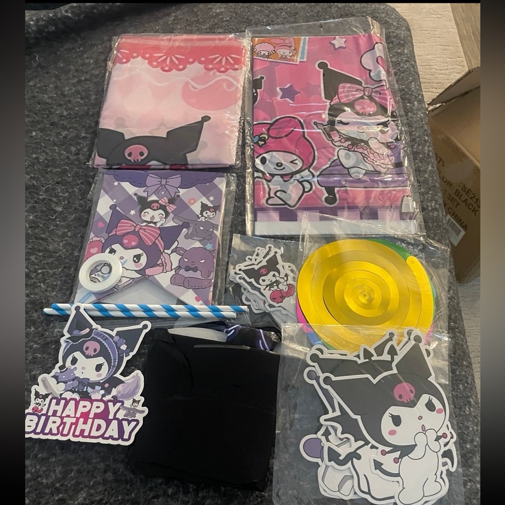 Kuromi-themed birthday party supplies kit.
